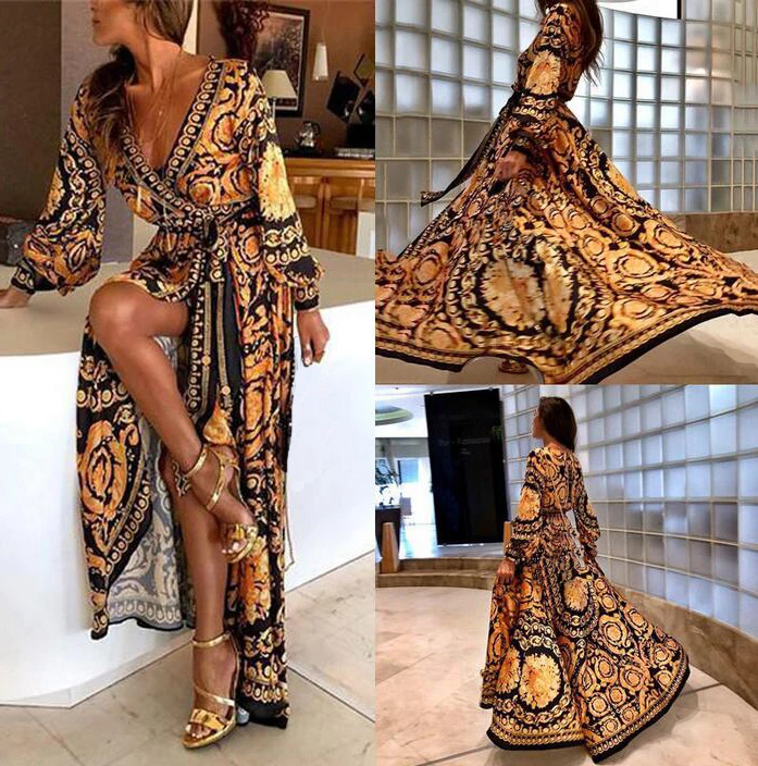 

Цвета: черный, золотистый, Цвет соответствующий принт классический дворцовый ретро-стиль с длинными рукавами Длинная пляжная юбка сексуаль...