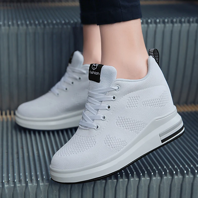 

Women Fashion Sneakers Flying Knitting Wedge Casual Shoes Women Air Mesh Breathable Autumn High Top Ladies Shoes
