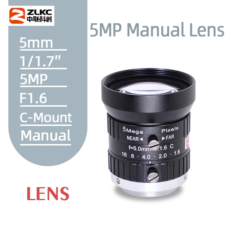 

C-Mount lens 5mm Low Distortion CCTV Lens 5MP HD lens F1.6 5Megapixel Machine Vision Manual Iris FA Lenses for Industrial Camera