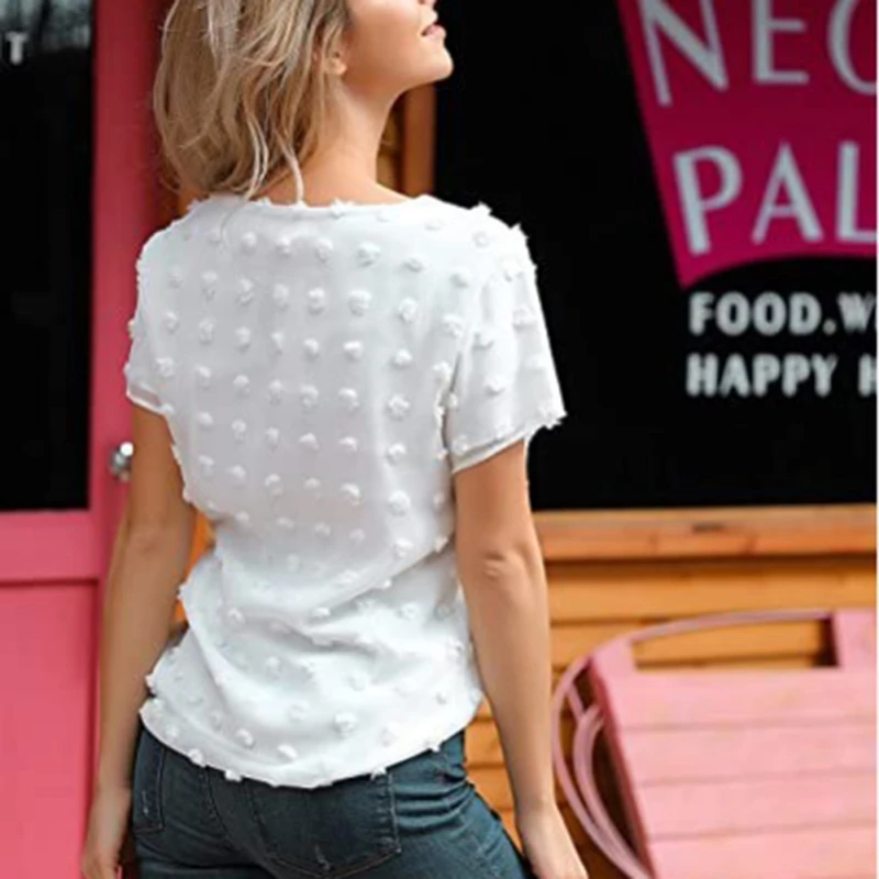 

Solid Color Women's New T-Shirt Fashion Chiffon Shirt Protruding Dot Summer Casual Round Neck Short Sleeve Top Female Wear