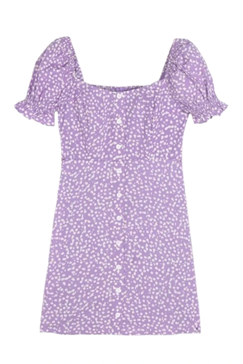 

French Square Neck Waist Down Holiday Dress Girl's Sweet Little Flowers Slim Bubble Sleeve Short Skirt Summer