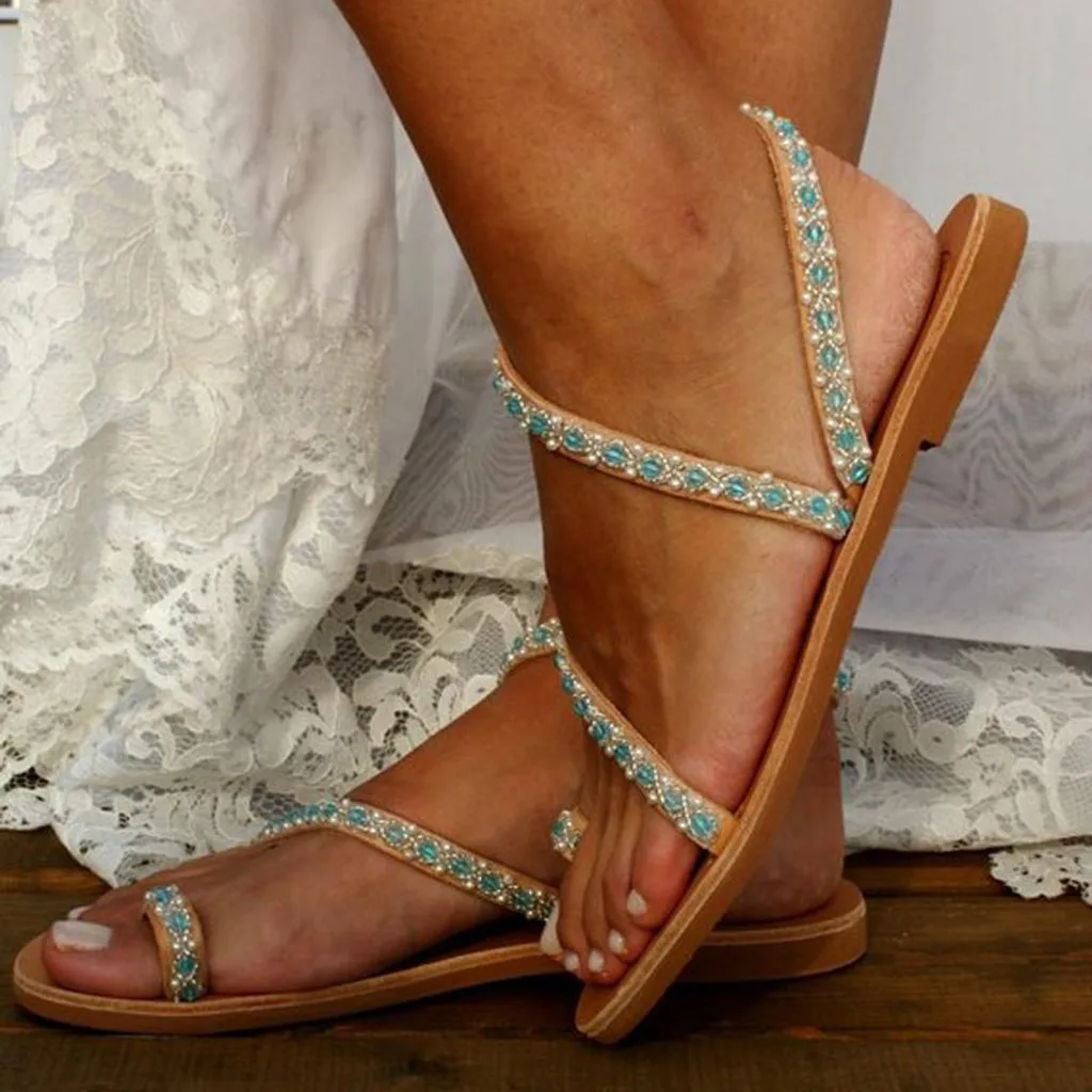 Женские сандалии в римском стиле с жемчугом и ремешками Босоножки без застежки