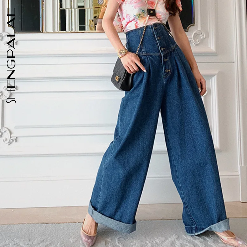SHENGPALAE длинные джинсы с карманами и пуговицами Hhigh Waist свободные широкие женские брюки Новинка весна осень плюс корейский стиль FS491