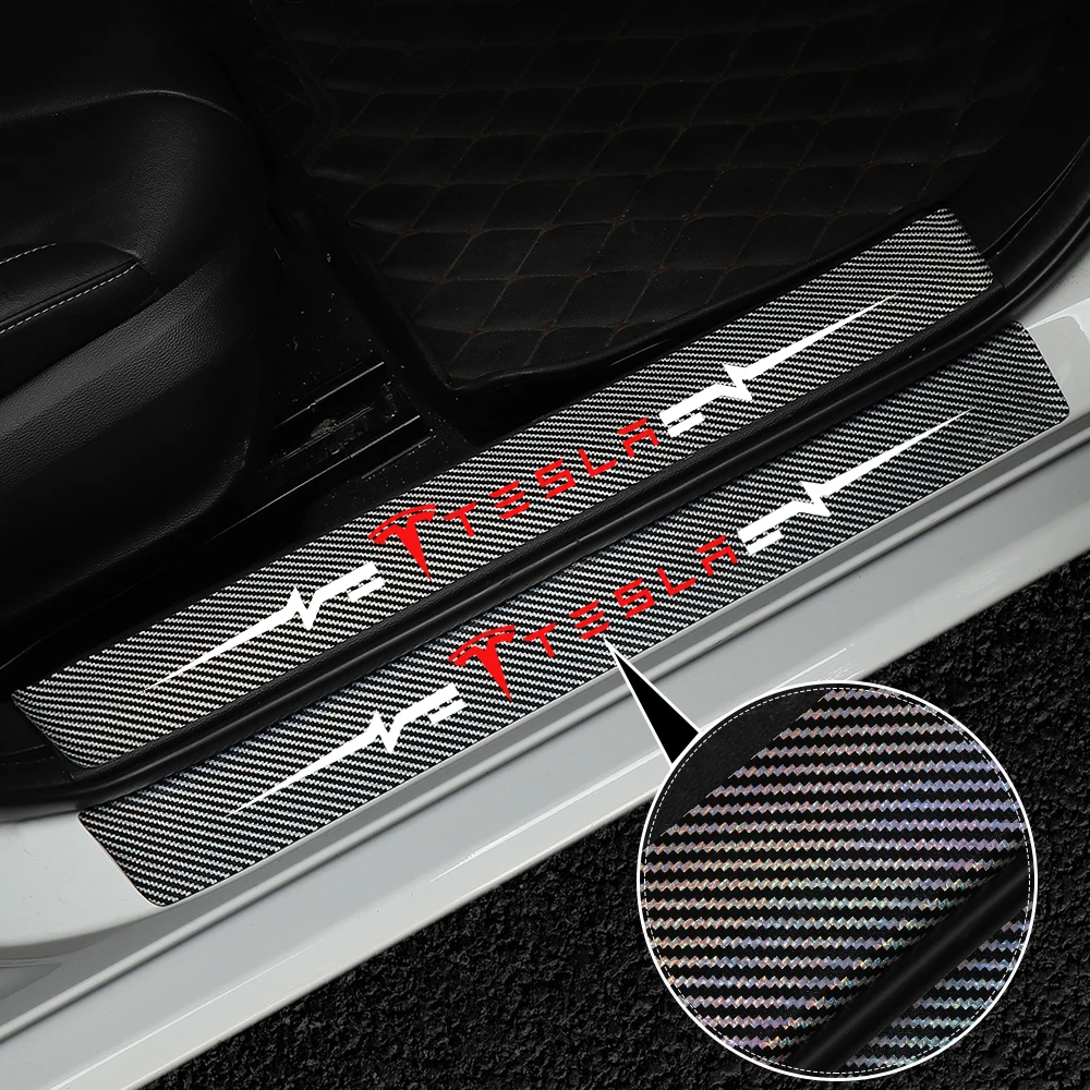 

For Tesla Model 3 Model X Model S Model Y Car Accessories 4pcs Car Door Threshold Protection 5D leather Sill Plate Sticker