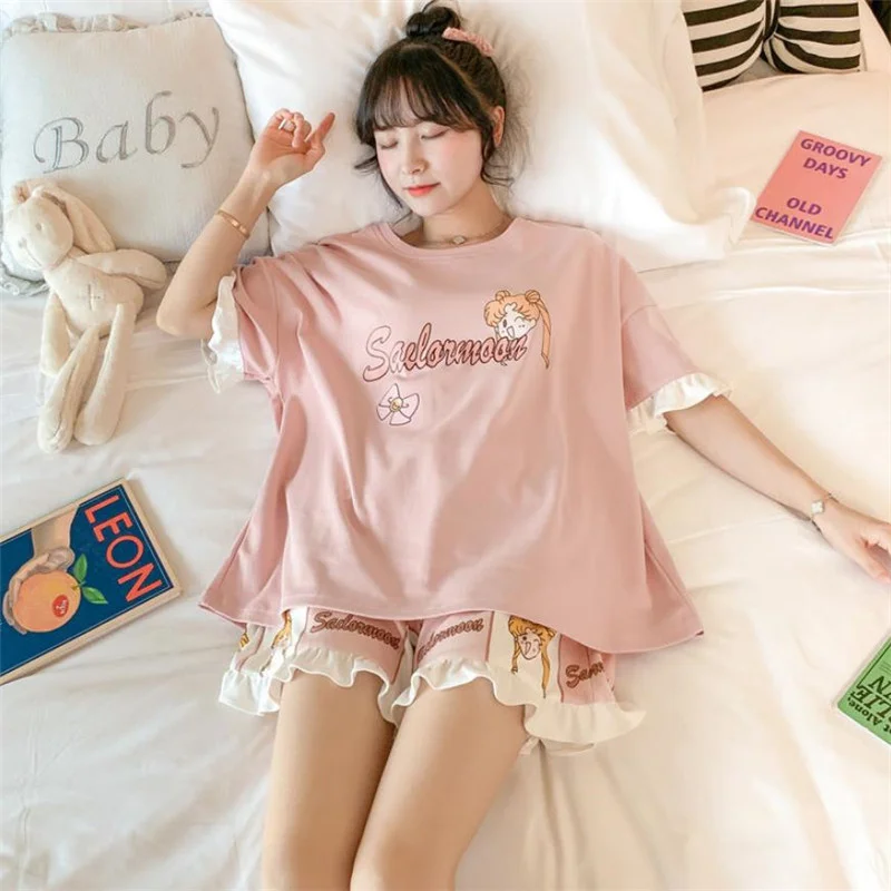 

Women Pajamas Summer Short Sleeve 2pcs Femme Pijama Set Harajuku Anime Sailor Moon Homewear Cute Peter Pan Collar Nightgown