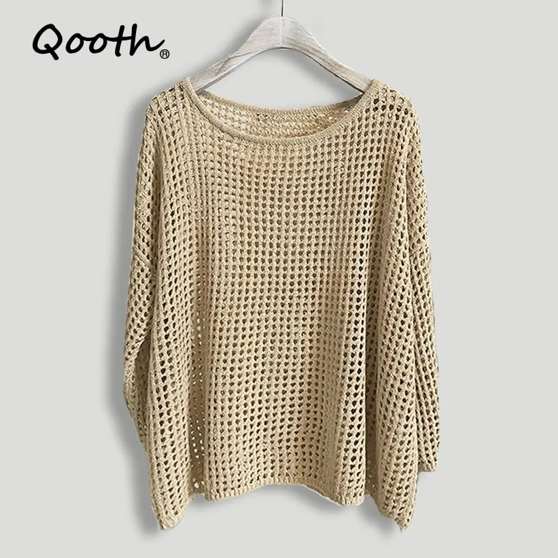 

Qooth Solid Hollow Knitted Three-quarter Sleeve Shirt New Early Spring Autumn O-neck Pullover Shirt All Match Causal Tops QT747