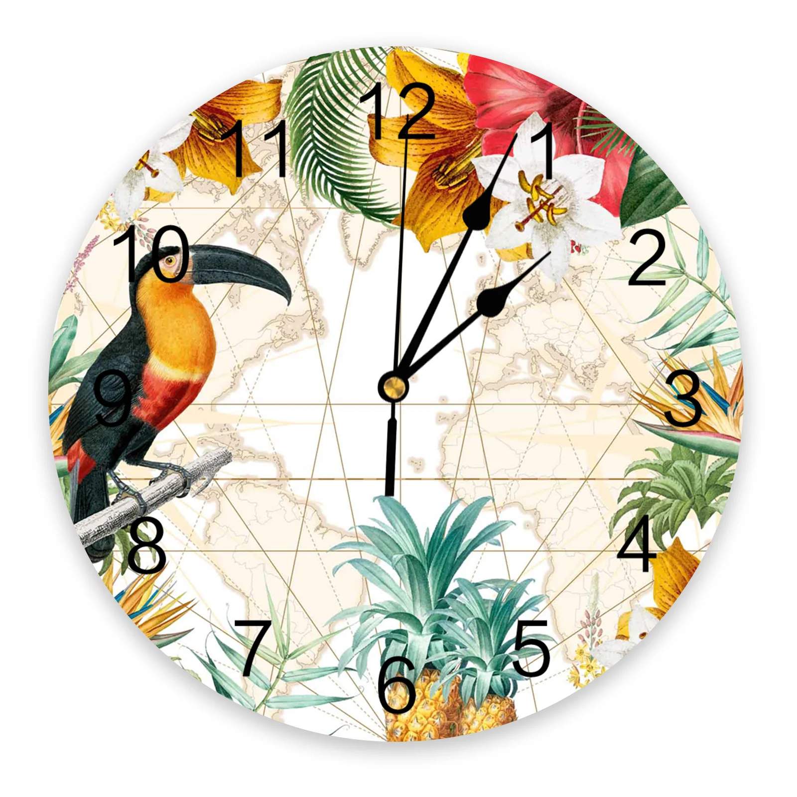 

Toucan Flower Fruit Pineapple Map Wall Clock Home Decor Bedroom Silent Oclock Watch Wall Digital Clock Wall Clock Modern Design