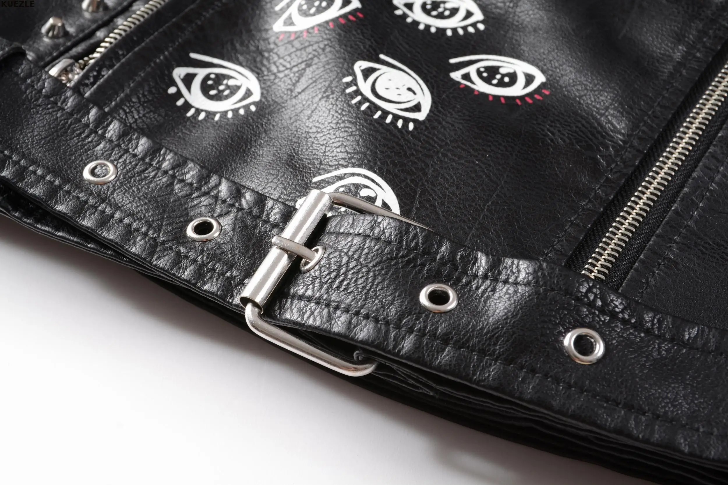 

2020 Women Black Autumn Winter Faux Soft Leather Jackets Coats Lady Black PU Rivet Zipper Epaulet 3D print Motorcycle Streetwear