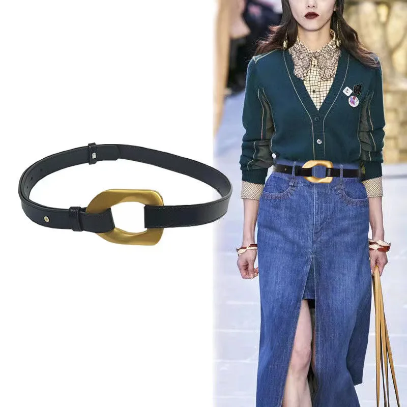 New Fashion Women's Retro Metal Buckle Leather Belt Decoration All-Match Suit Dress Waist Adjustable Black Accessories Waistband