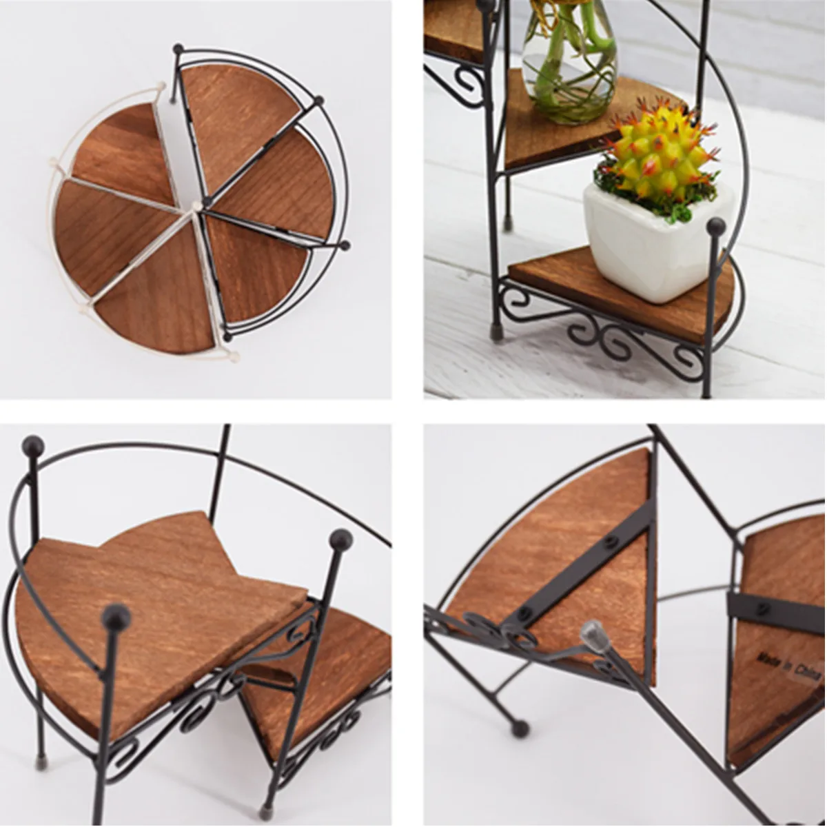 

Plant Rack 3 Tiers Iron Modern Decorative Stand Plants Succulent Shelf Stair Shape Desktop Garden Flower Stand and Wood Plate