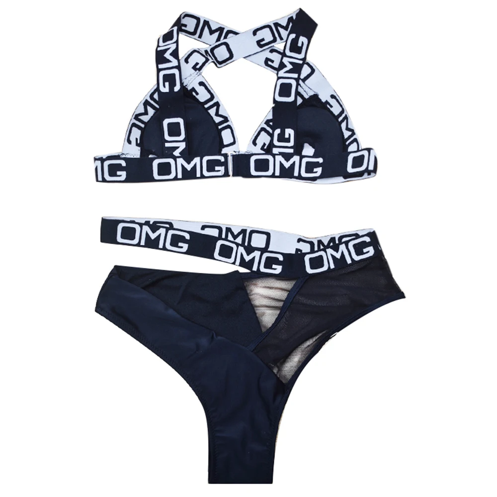 Женский купальник ESSV классическое бикини с надписью OMG бандажный лямкой на шее