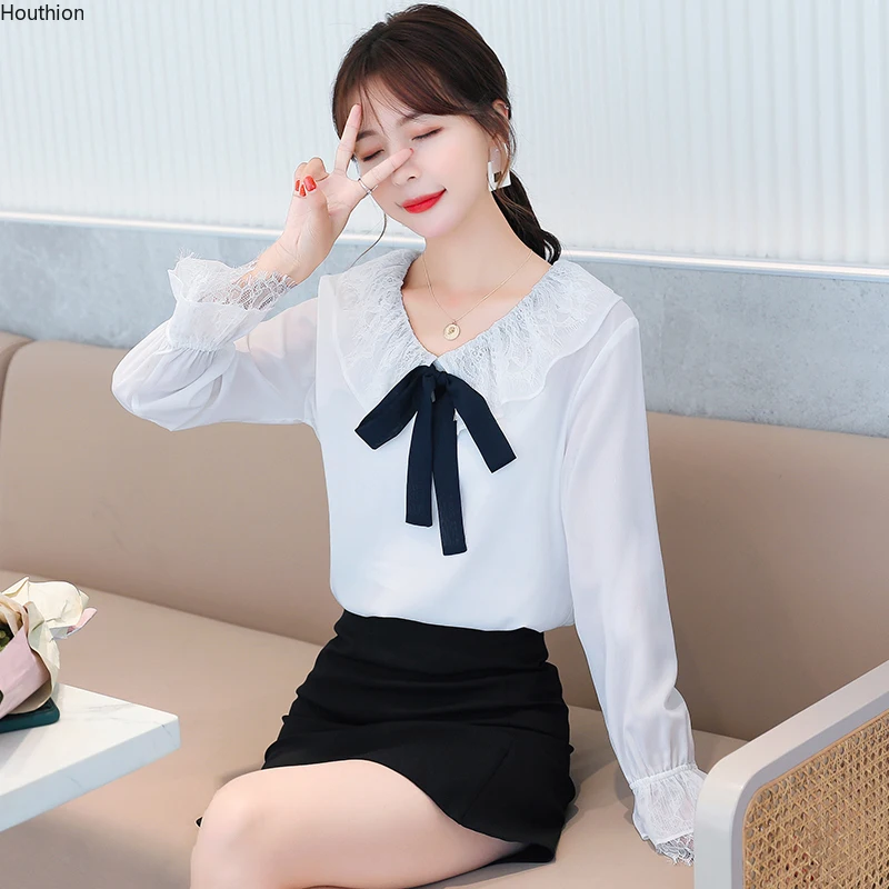 

Новая блузка с длинными рукавами, рубашка с воротником в виде листьев лотоса, модные топы, летняя женская шифоновая Повседневная Блузка с ба...