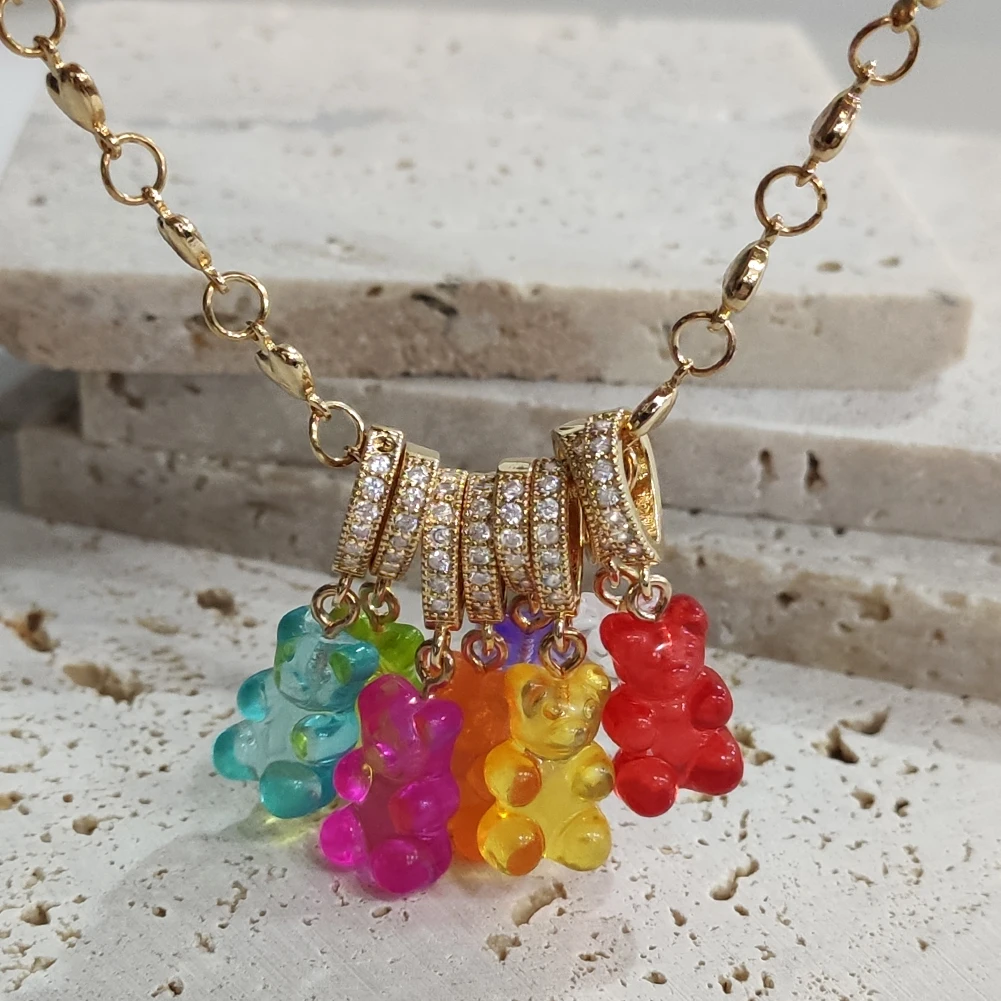 

2021 New Candy Color Resin Bear Gummy Pendant Zircon Necklace for Women Girls Bling Crystal Pearl Chain Choker Necklace Jewelry