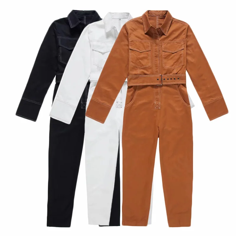 Женский джинсовый комбинезон с длинным рукавом черный/белый повседневный 2019 |