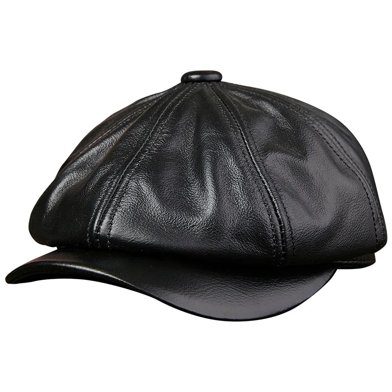 

QPALCR Black Newsboy Hats For Men Genuine Cowskin Leather Octagonal Cap Male Autumn Winter Fitted Retro Duckbill Hats Beret
