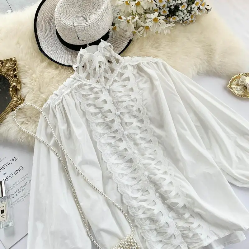 Women Autumn Blouse Shirts Tops 2019 sense small crowd hollow vertical collar lantern sleeve white super-fairy temperament top | Женская