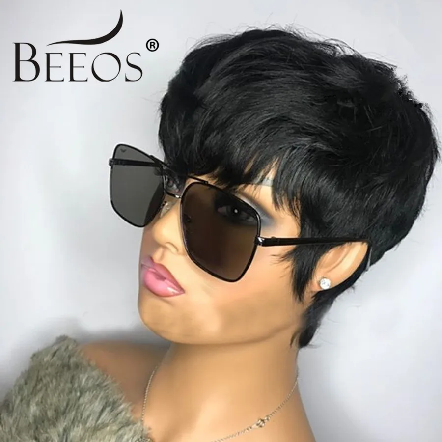Парики Beeos женские, полностью машинное изготовление, Короткие парики Пикси, прямые, черного цвета, без клея, бразильские волосы Реми от AliExpress WW