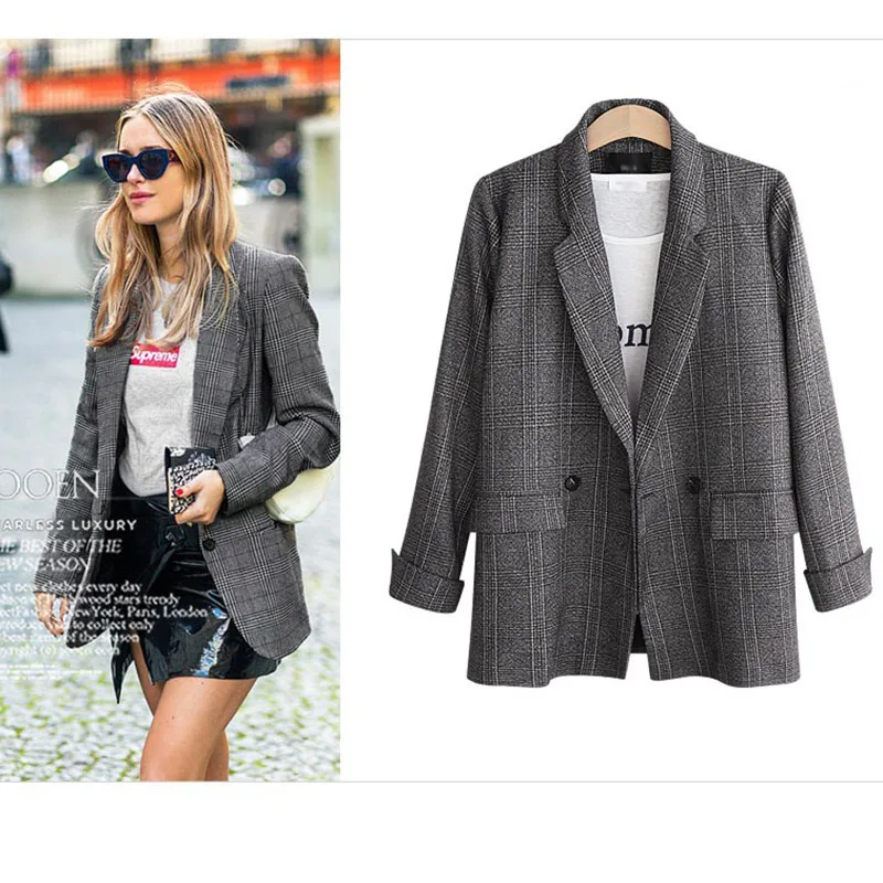 Autumn Blazer Women 2020 New Plaid Korean Jackets Long Sleeve Notched Vintage Casual Fashion Office Coats Plus Size 4XL 5XL |