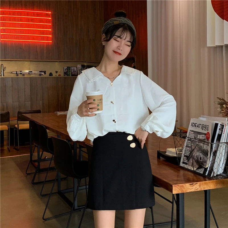 

Women's Clothing Trend temperament Spring and autumn Harajuku style casual loose lantern sleeve turn-down collar ladies tops