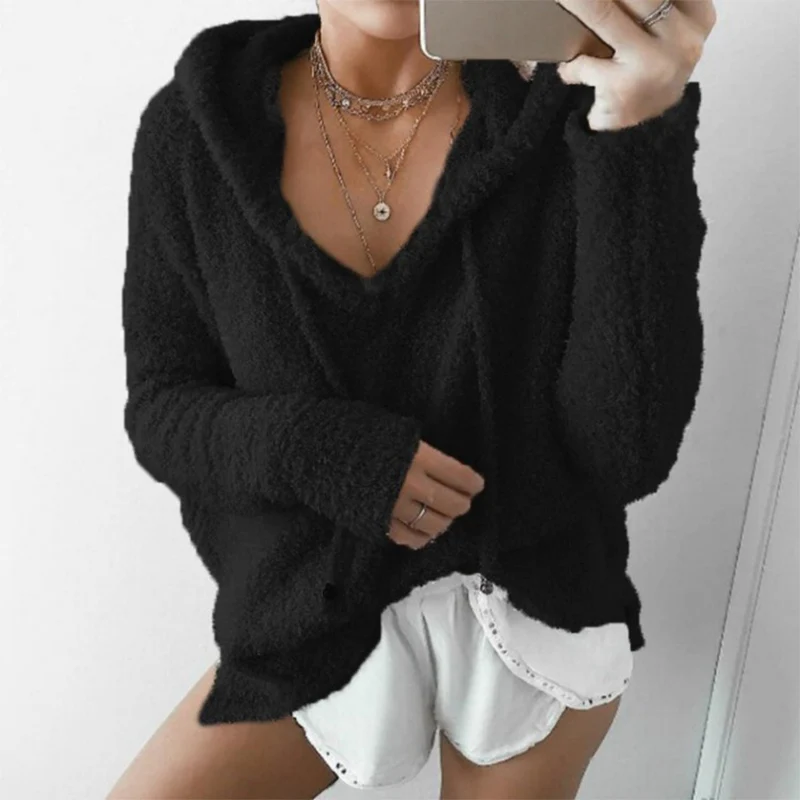 

2021 Spring Elegant Solid Mohair Sweatershirts Women Fashion Casual Drawstring Hooded Tops Ladies Long Sleeve Pullovers Hoodies