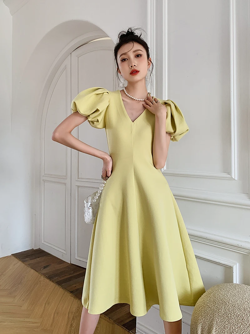 

Korobov Korean Chic Summer Dress Vintage V Neck Puff Short Sleeve Women Dresses Sweet High Waist A-Line Yellow Vestidos