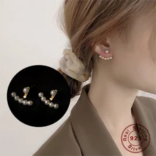925 Silver Plated 14K Gold Earrings Korean Charm Jewelry Women Hypoallergenic Earrings Hollow T Shape Pearl Women Earrings