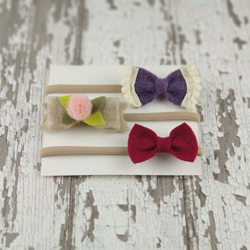 Kinder Kuendy, 3 шт./упак.,, повязка на голову с цветами для новорожденных девочек, розовый, белый шерстяной бант и серый бант, цветочные повязки на голову