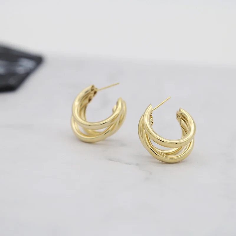 Простые трехслойные полукруглые серьги в Корейском стиле геометрические из