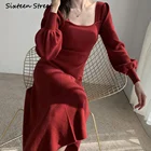 Женское шерстяное платье-свитер, элегантное винтажное платье макси в Корейском стиле, Осень-зима