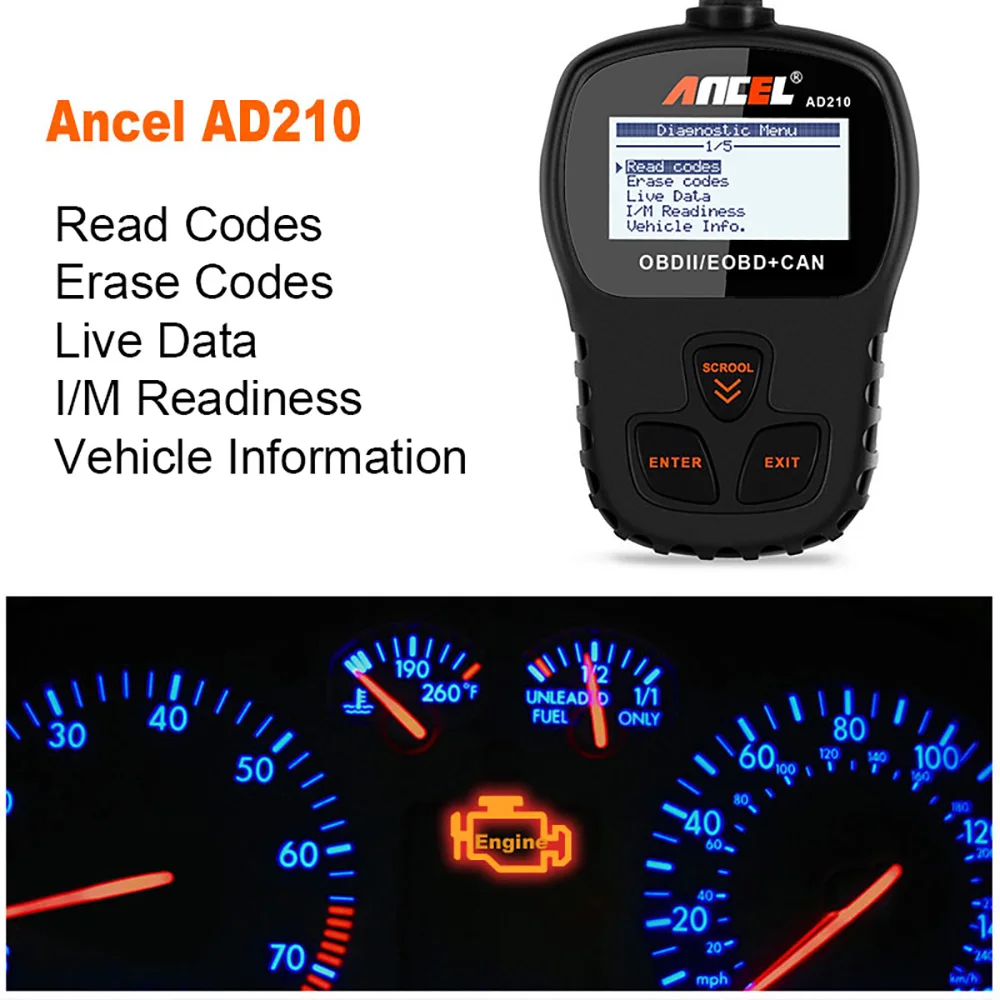 Автомобильный диагностический сканер Ancel AD210 OBD2 для диагностики двигателя в