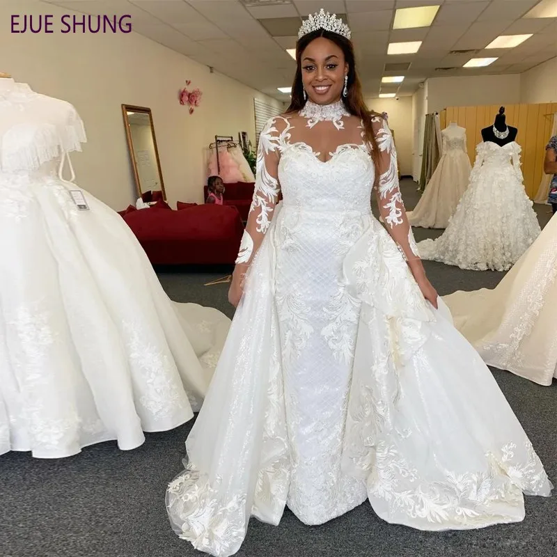 

EJUE SHUNG Shiny African Wedding Dresses With Detachable Train High Neck Long Sleeves Appliques Wedding Gowns Vestido De Novia