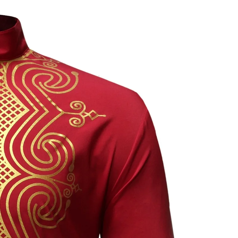 

African Dashiki Men Long Sleeve Stand Collar Hot Stamping Tshirt for Man Plus Size Patchwork Riche Wax T Shirt Africa Clothes