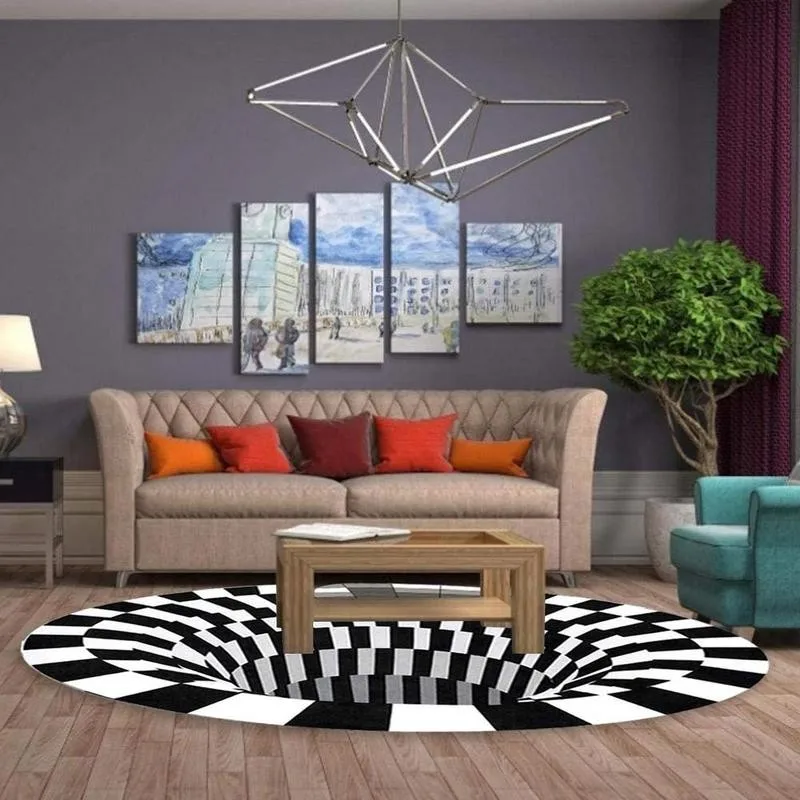 

Art Coffee Table Carpet 3D Black White Spiral Stereo Carpet Mat Vision Circular Geometric Living Room Carpet Bedroom Floor L1X3