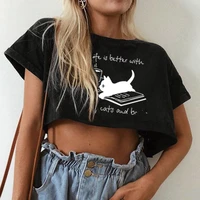 funny women crop tops life is better with coffee cats and books print casual tshirt round neck tee shirt summer streetwear