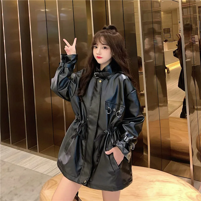 Autumn Winter 2023 Women Stand-up Collar Drawstring Faux PU Leather Jacket Korean Loose Casual Mid-length Female Biker Outerwear