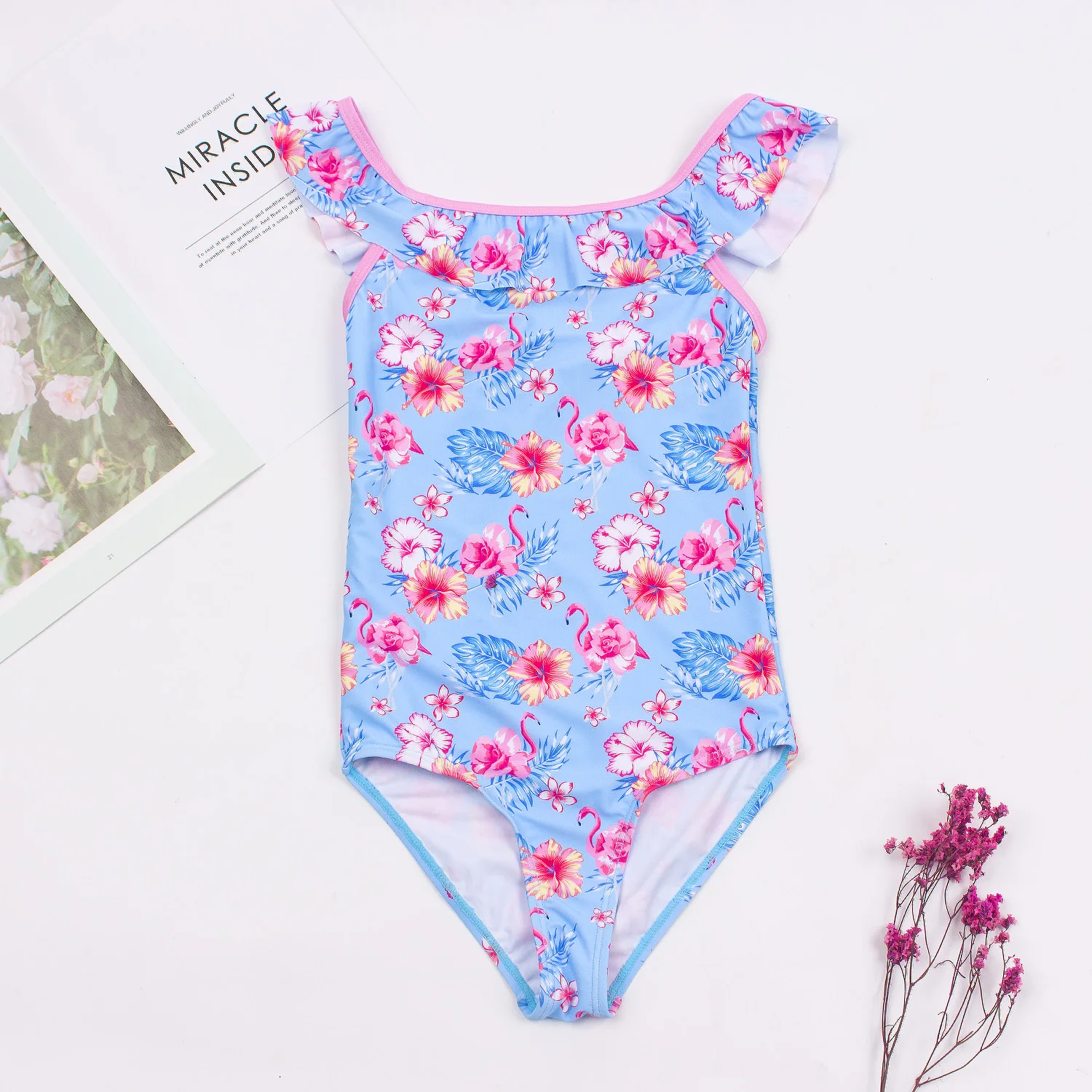 Детский слитный купальник с принтом фламинго для девочек оборкой 2020 детский