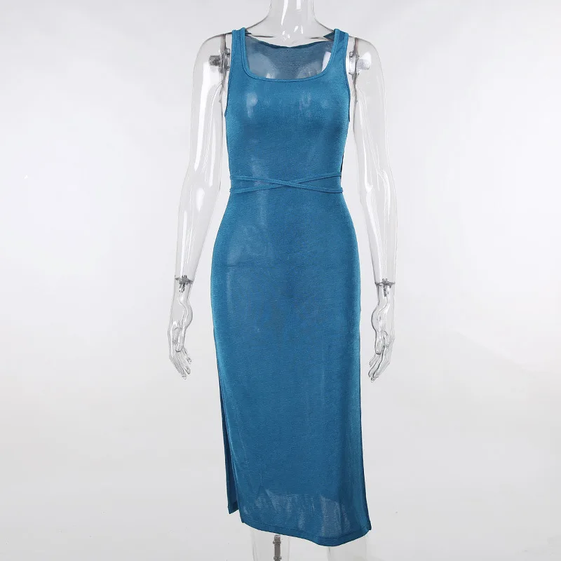 

BOOFEENAA Sexy Knitted Open Back Long Dresses for Women Party Night Club Outfits Elegant Sleeveless Slit Bodycon Dress C66-CZ23