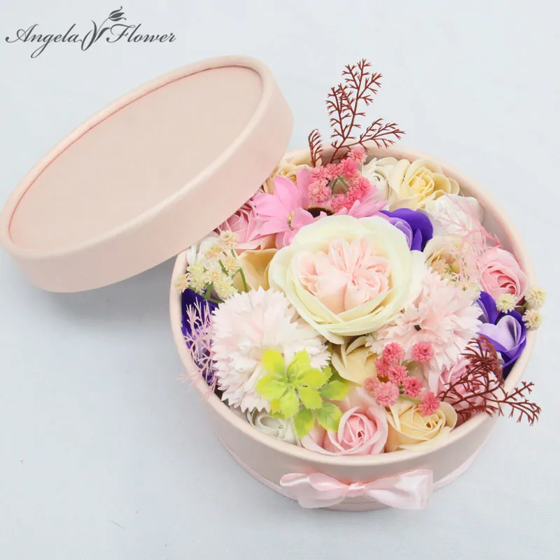 Круглая Бумажная Коробка для объятий + набор упаковки цветов из Розового мыла