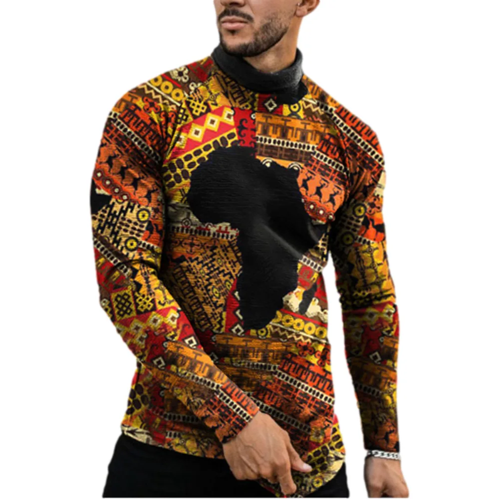 

Fashion Pop Autumn Winter Men's Oversize T-shirt Map of Africa Retro Print Long-sleeved High-necked Top Vintage T Shirt For Men