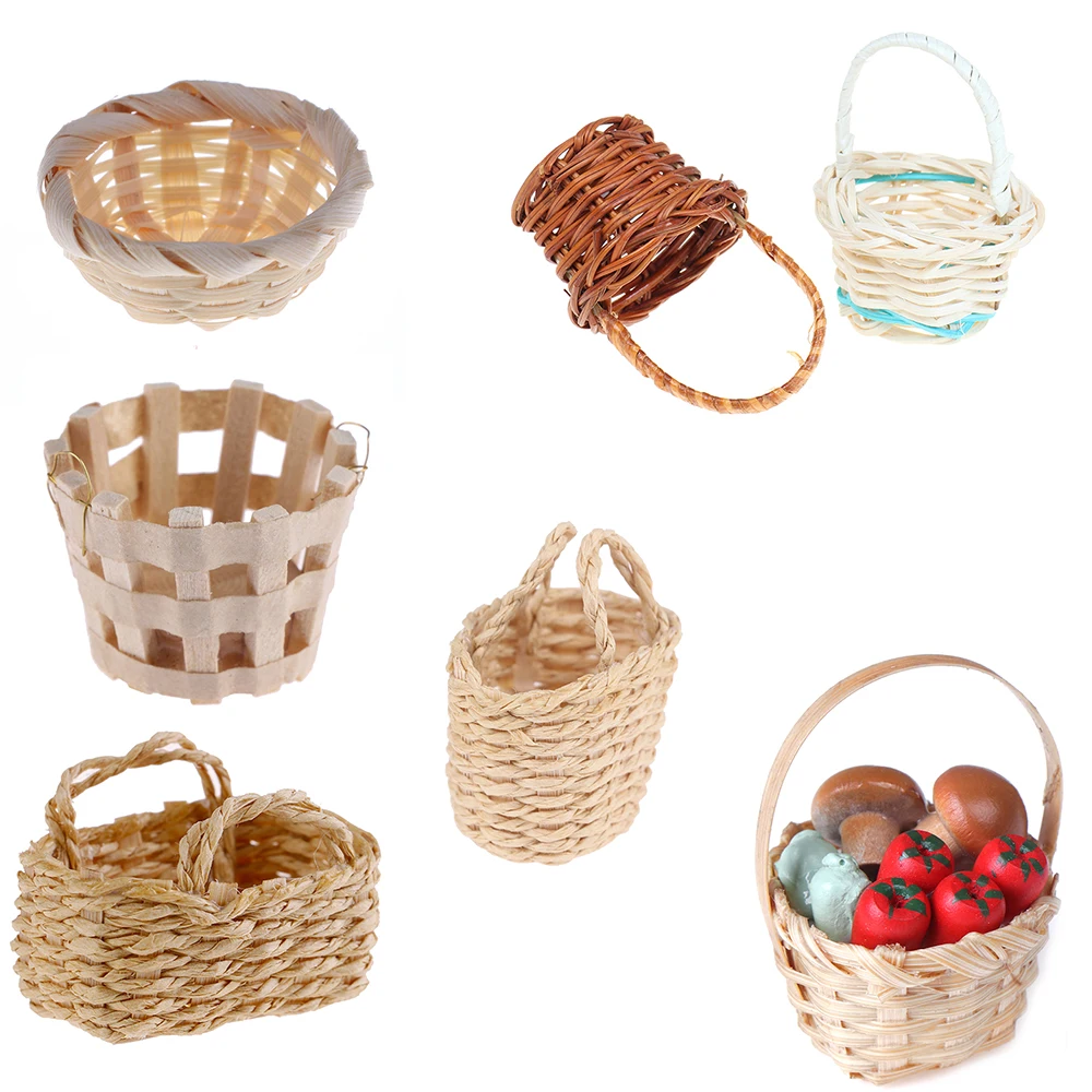 1/12 Mini Cute Dollhouse Rattan Iron Frame Frame Hand Woven Vegetable Food Storage Basket Dolls Miniature Decoration