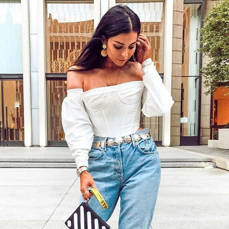 Женские блузки с открытыми плечами Сексуальные облегающие белые без бретелек