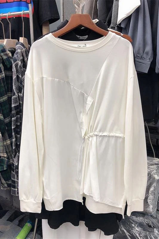 

Spring Solid Color Irregular Stitching Drawstring Loose Long Sleeve T-shirt Personalized Minority Peplum Top Women
