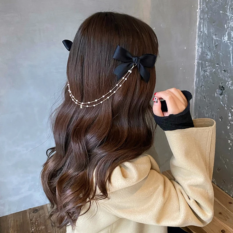 

New Bow Pearls Chain Barrettes Hairpins For Women Rhinestone Spring Hair Clips Ribbon Headband Ponytail Hair Accessories