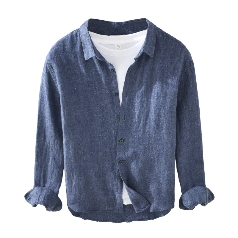 

2021 High Quality Men's Clothing Pure Linen Long-sleeved Shirt Youth Retro Texture Lapel Shirt Camisas Para Hombre