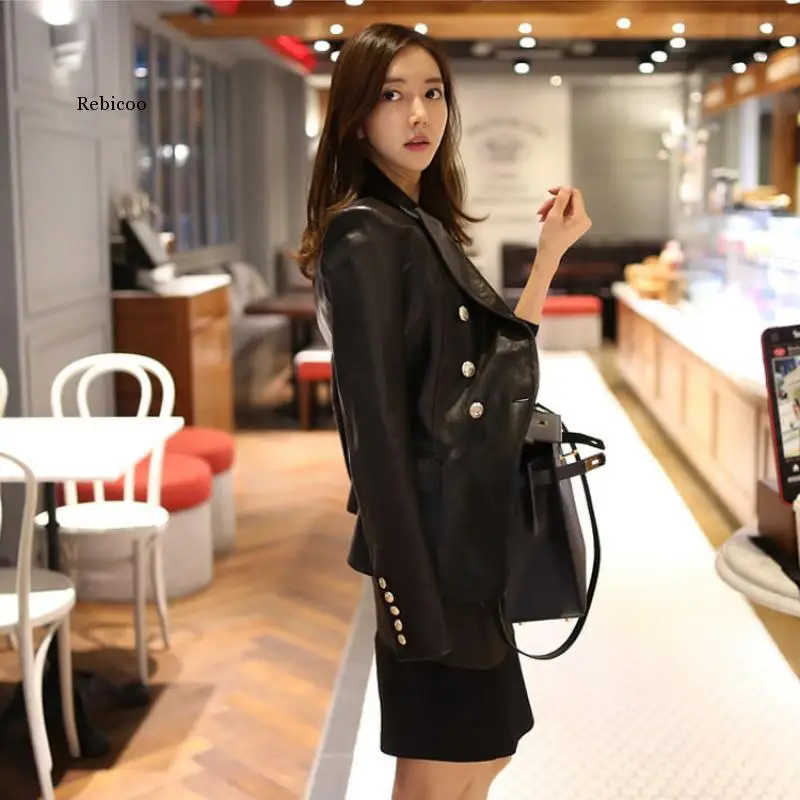 

New Fashion Women Spring Autumn Black Faux Leather Jackets Buttons Basic Coat Turn-Down Collar Biker Jacket
