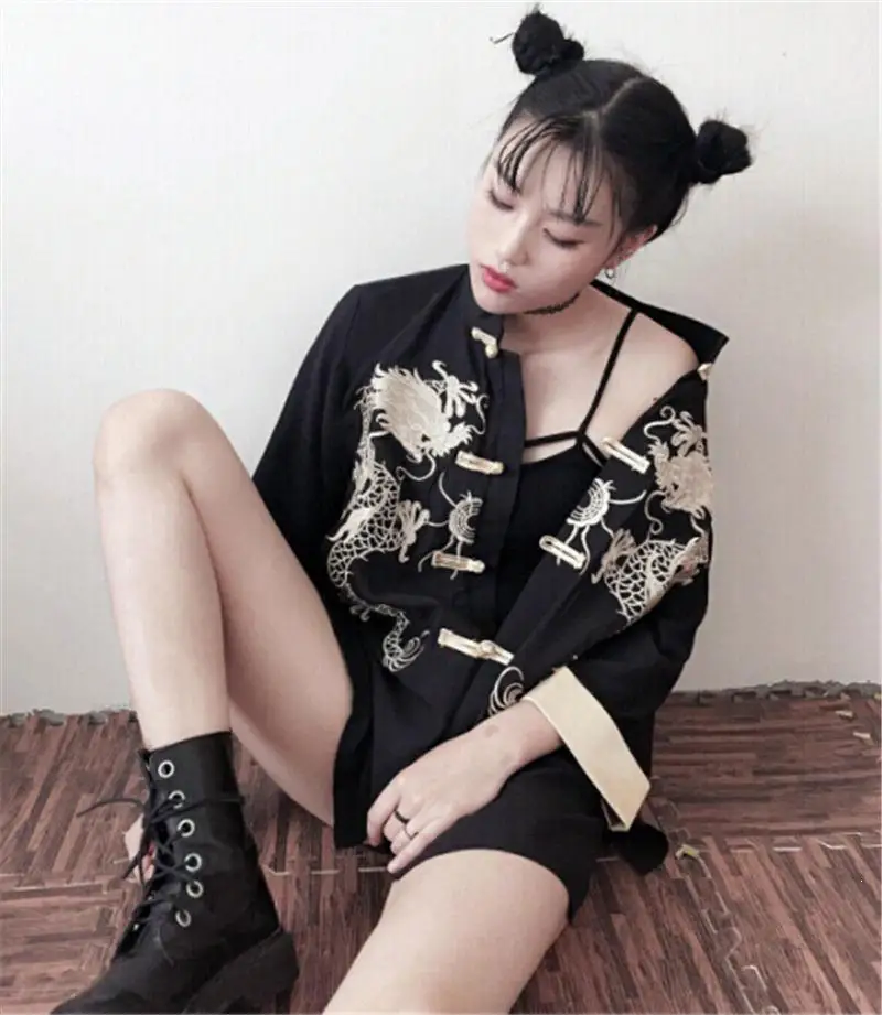 Chinese Style Embroidery Shirt Loose Stand Collar Casual Blusa Women Black Retro Tops |