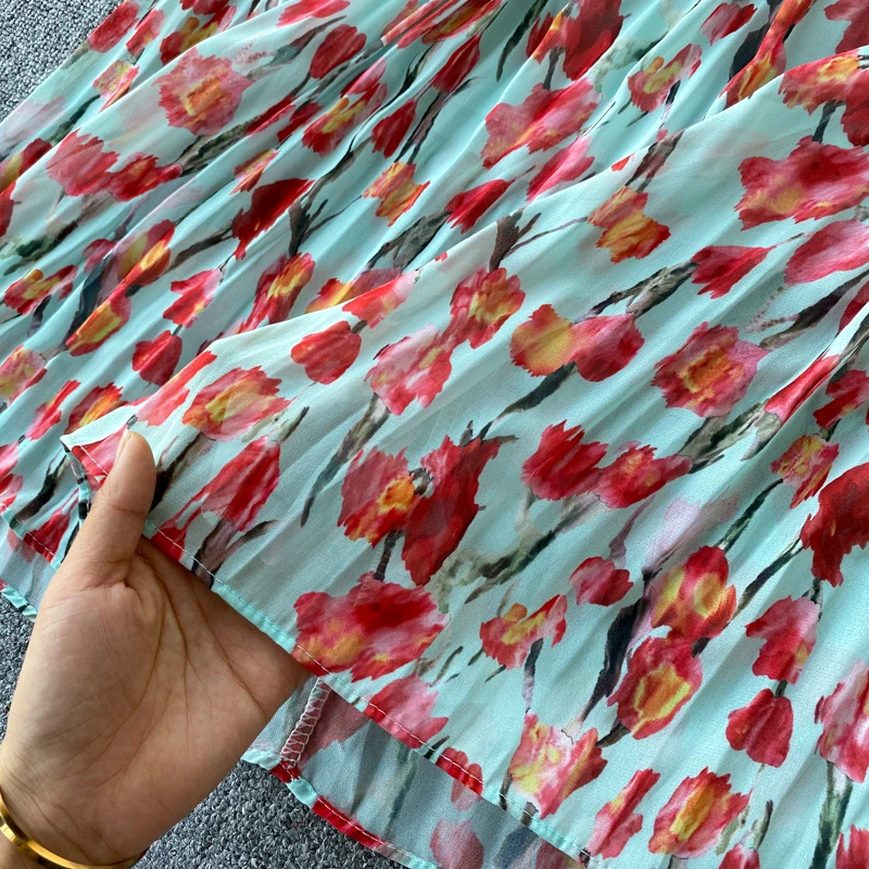 

Floral Print Short Puff Sleeve Stand Collar Bohemian Holidays Beach Party Pleated Long Maxi Dress Summer Women Dress