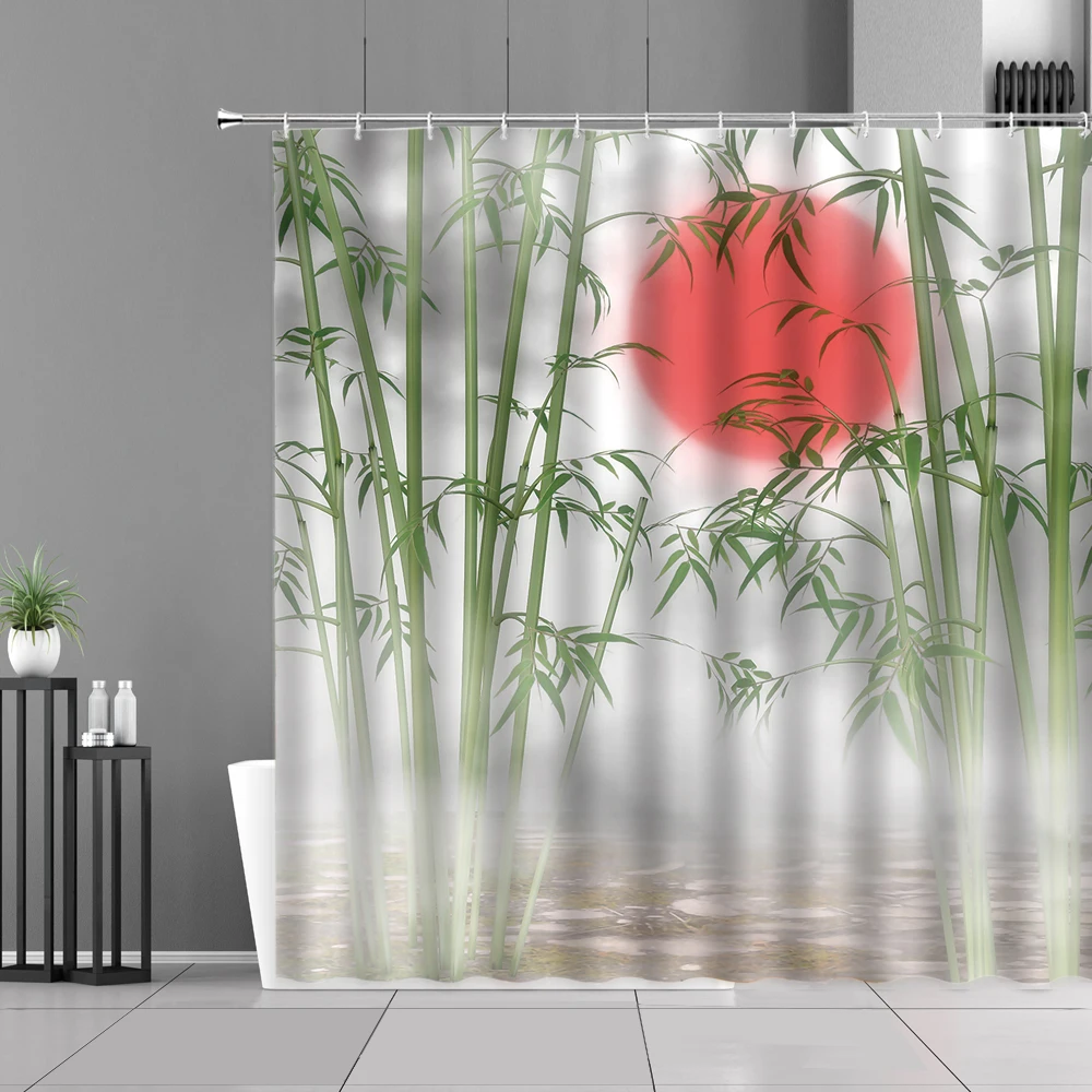 

Hand Painted Country Red Sun Bamboo Chinese Scenery Bathroom Curtain Shower Curtains Polyester Bathtub Screen Home Decor Hook