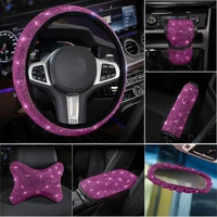 pink hot drilling rhinestones headrest pillow handbrake cover car steering wheel cover car interior accessori