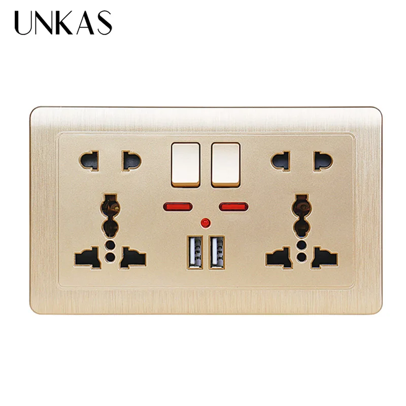 UNKAS Gold Wall Power Socket Double Universal 5 Hole Switched Outlet 2.1A Dual USB Charger Port LED indicator 146mm*86m